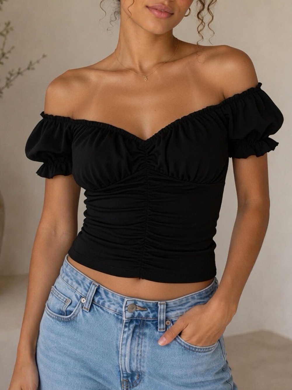 Mono B Black Ruched Off-Shoulder Crop Top